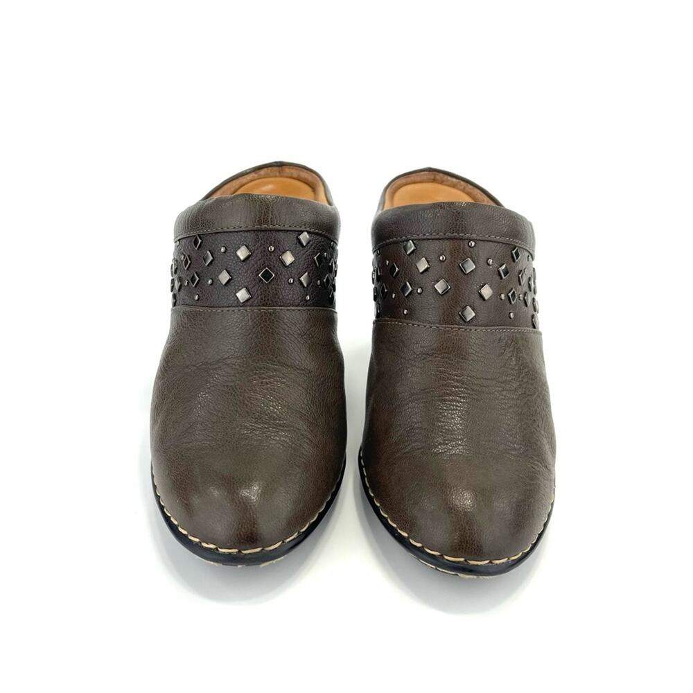 Sofft Soleil High Heel Clog/Mule Size 7.5 Brown/Green Leather Cushioned Studded - Picture 3 of 15